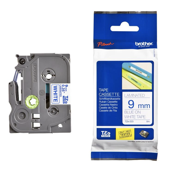 Brother Tape Cassette Blue on White 9mm TZE-223